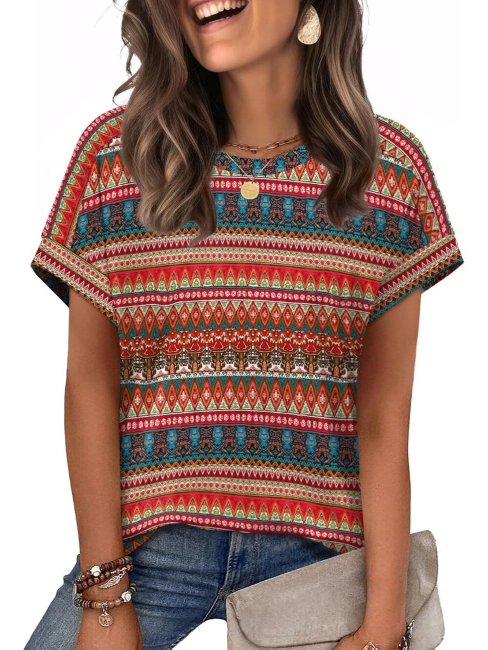 Women's Boho Stripes Summer Outfits Cloth Pull On Top Short Sleeve Casual Shirt